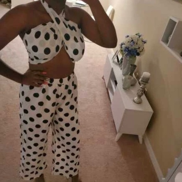 Black and White Polka Dot Halter Top/ Bottom Set - Picture 2 of 3